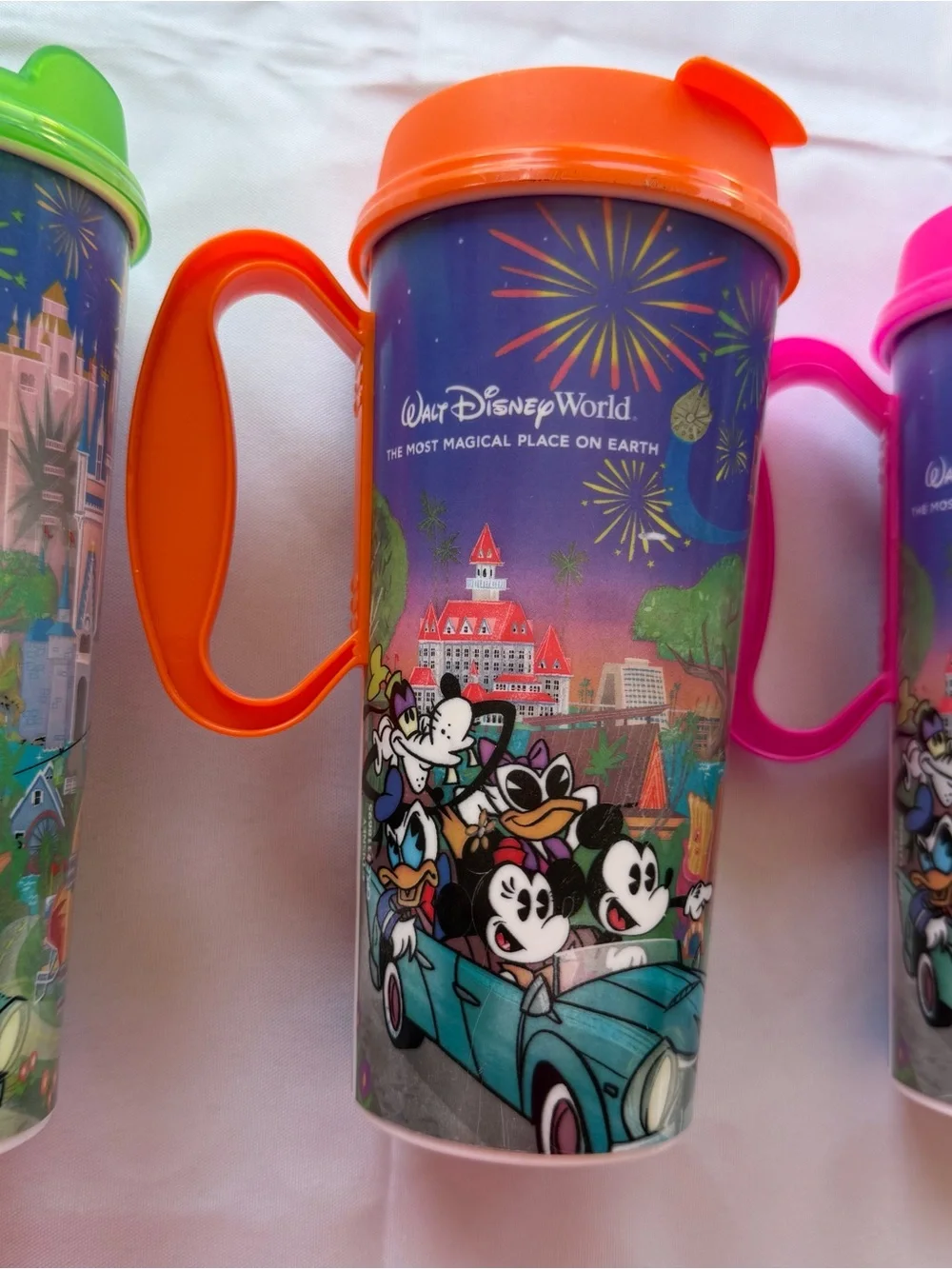 Lot of 3 Walt Disney World Travel Tumbler Green, Orange, Pink Lids 2025